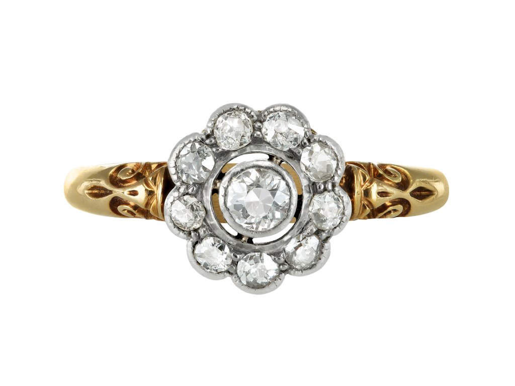 Diamond coronet cluster ring, English, circa 1905.