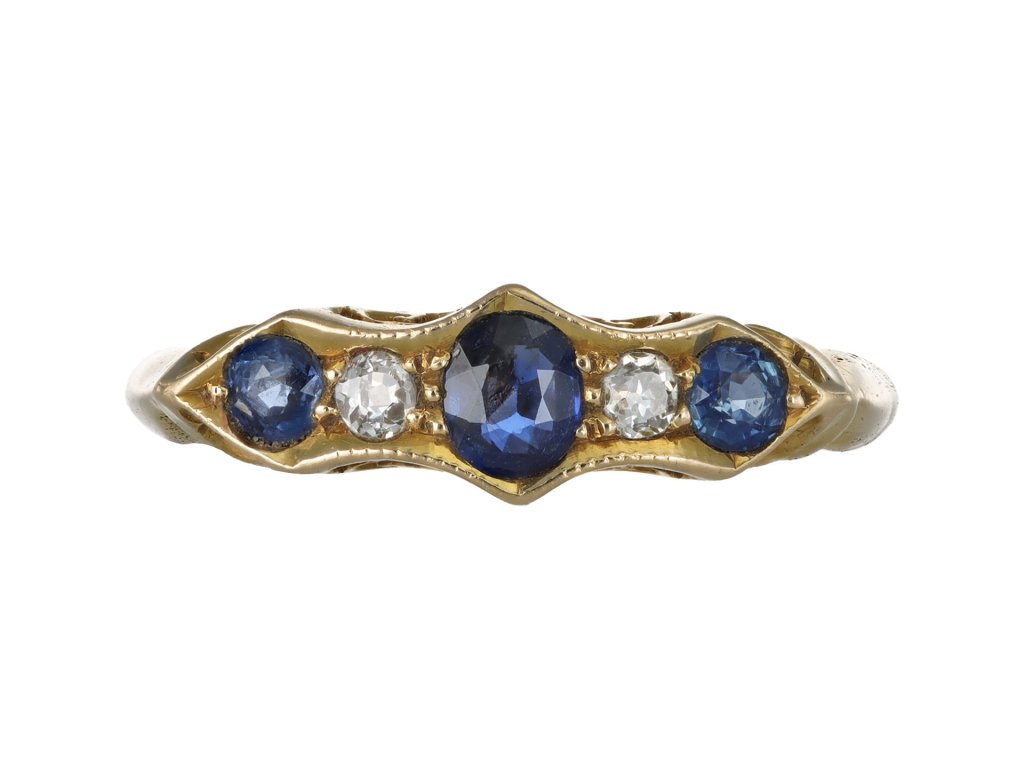 Sapphire and diamond five stone ring, English, 1914.