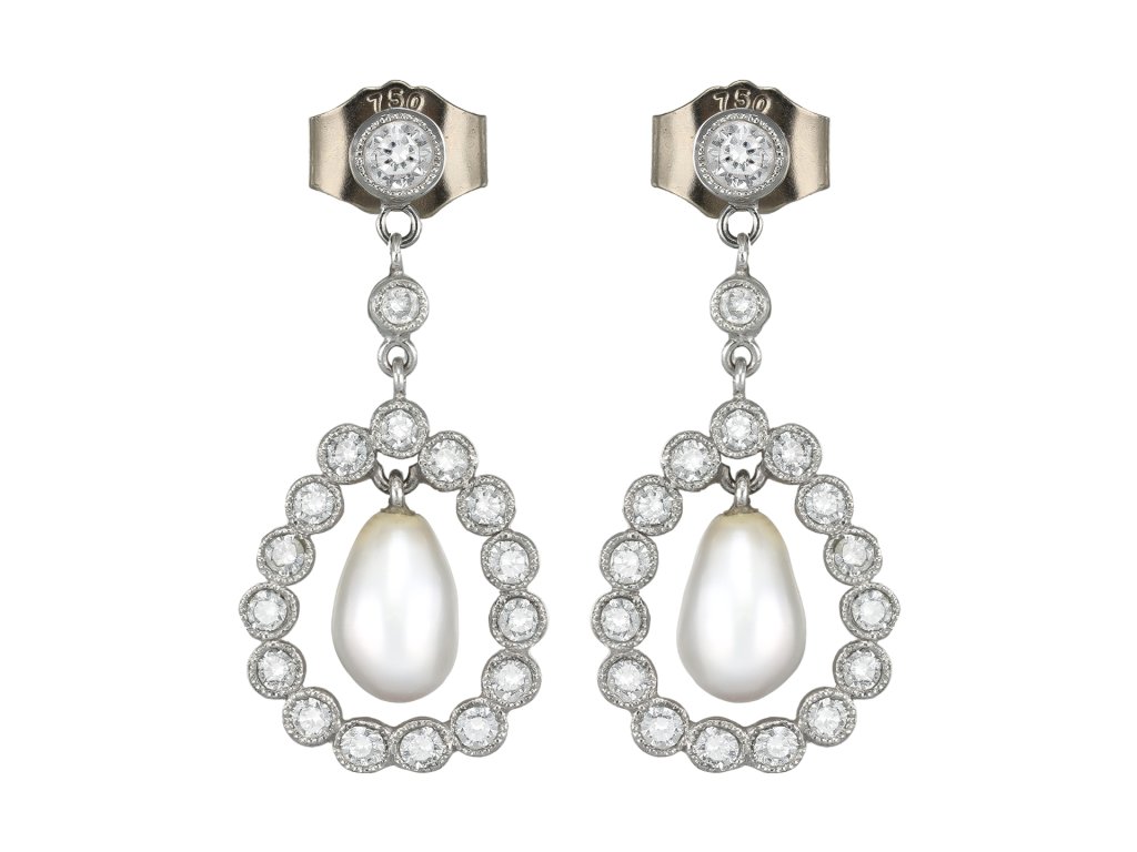 Natural pearl and diamond drop earrings, circa 1940.