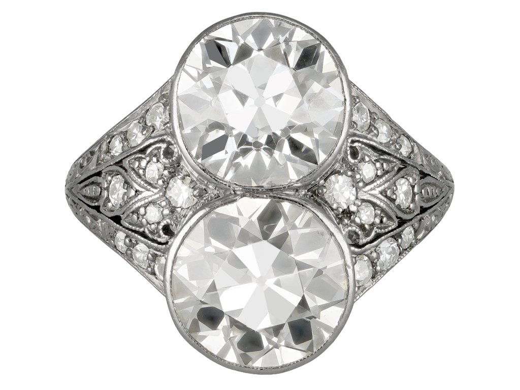 6.25 carat old mine diamond two stone ring, circa 1910.
