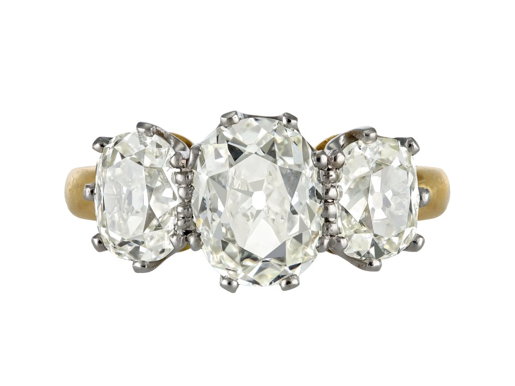 Edwardian diamond three stone ring, circa 1905.