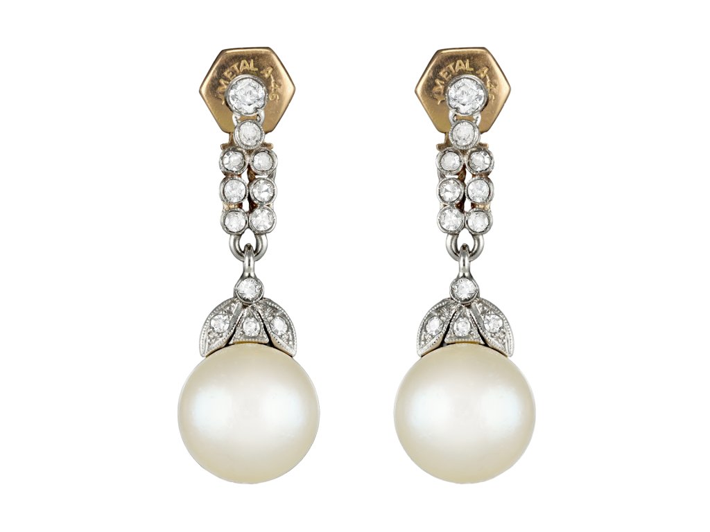 Natural pearl and diamond drop earrings, circa 1915.
