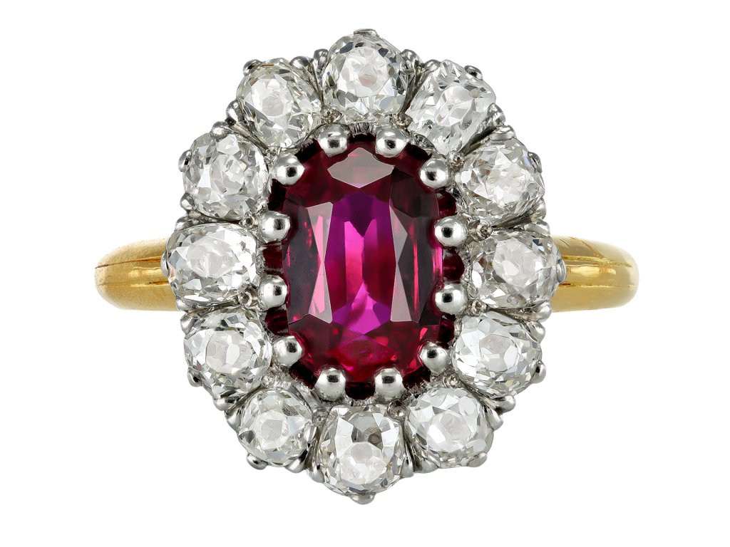 Antique Burmese ruby and diamond coronet cluster ring, circa 1905