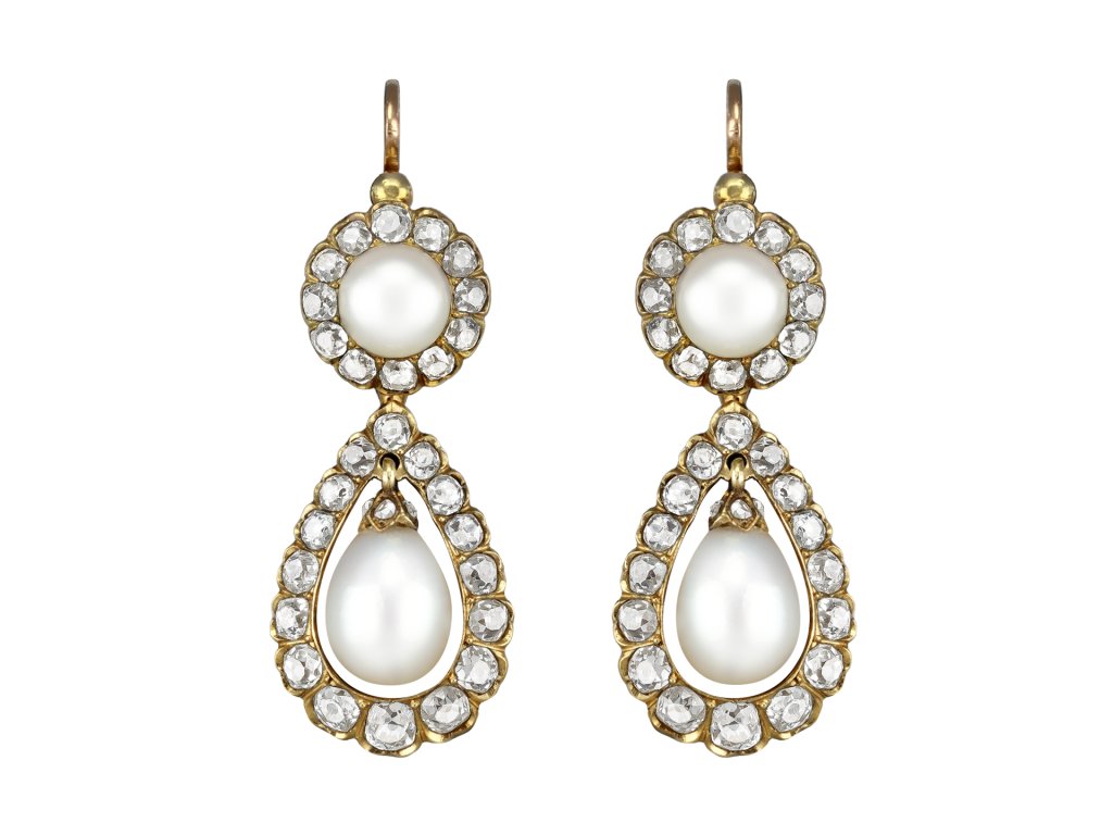 Natural Pearl and diamond convertible drop earrings, circa 1900. 