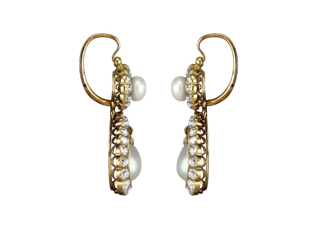 Natural Pearl and diamond convertible drop earrings, circa 1900. 