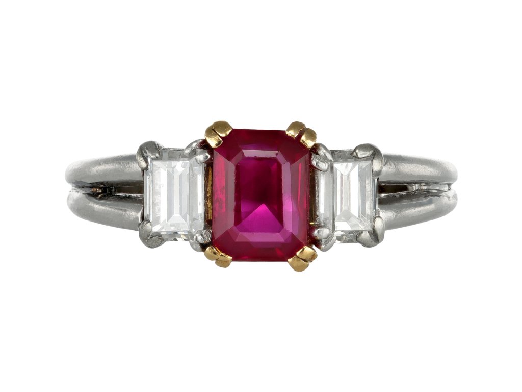 Chaumet Burmese ruby and diamond three stone ring, circa 1980.
