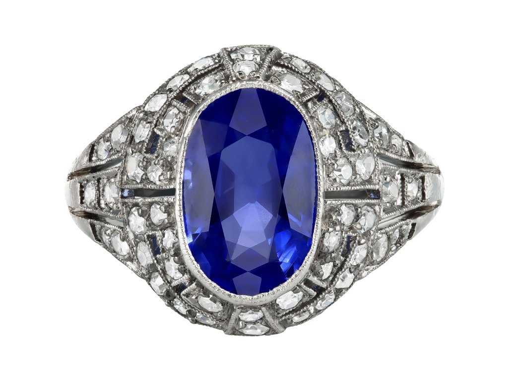 Burmese Sapphire and diamond cluster ring, French, circa 1920. 