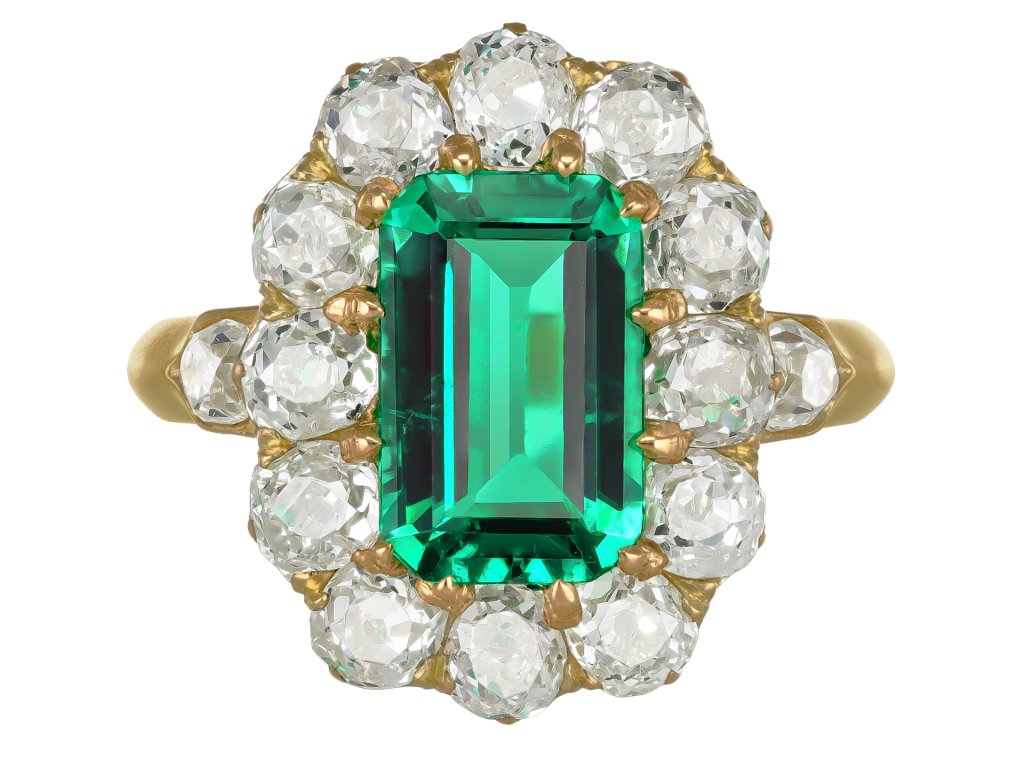 Colombian emerald and diamond coronet cluster ring, French, circa 1900.