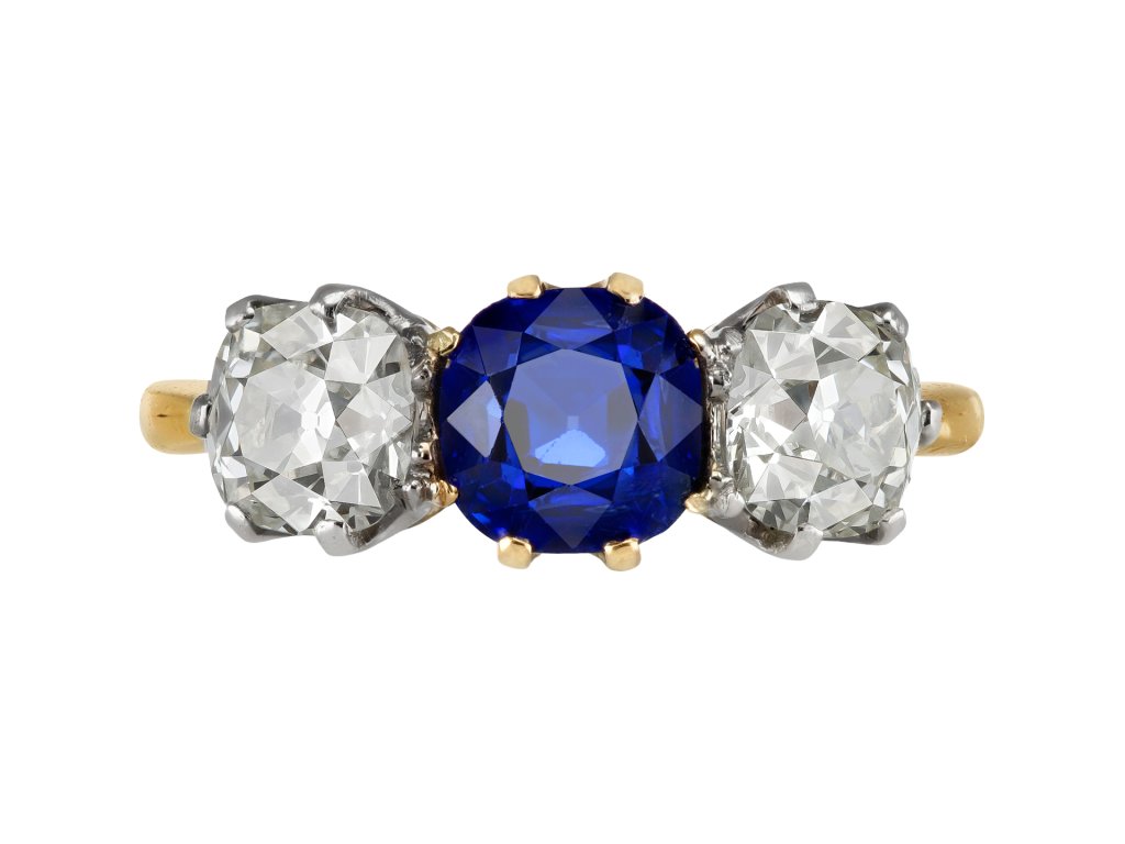 Burmese sapphire and diamond three stone ring, circa 1910.