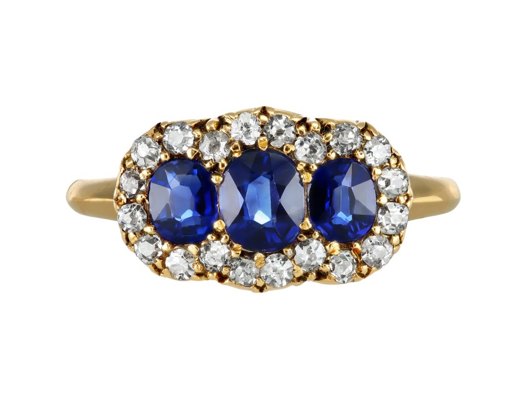 Sapphire and diamond triple cluster ring, English, circa 1890. 