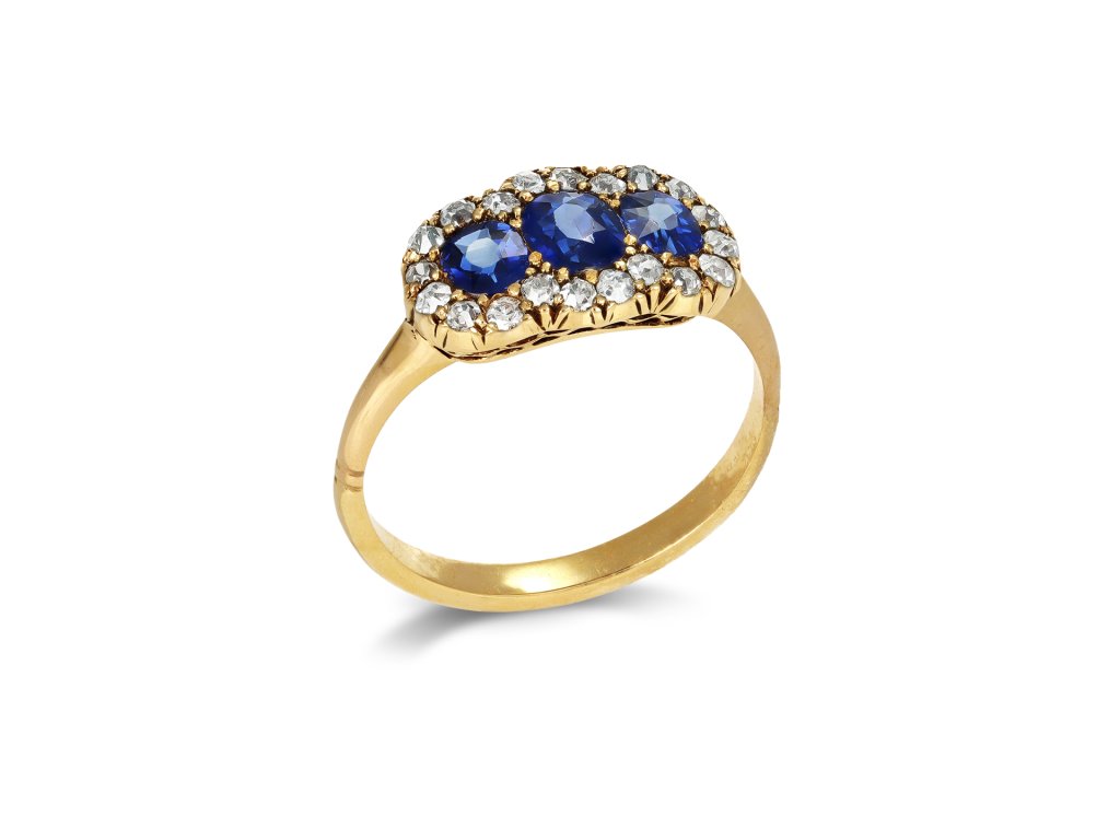Sapphire and diamond triple cluster ring, English, circa 1890. 