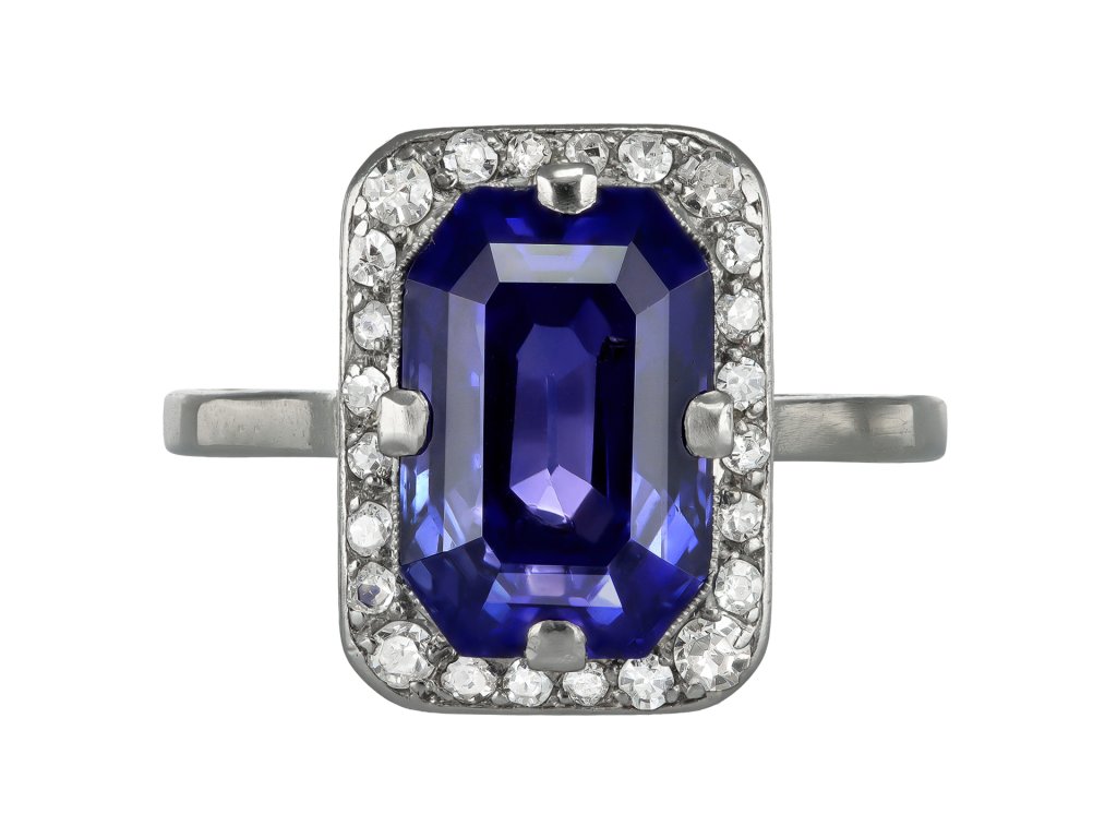 Art Deco purple sapphire and diamond cluster ring, circa 1920.