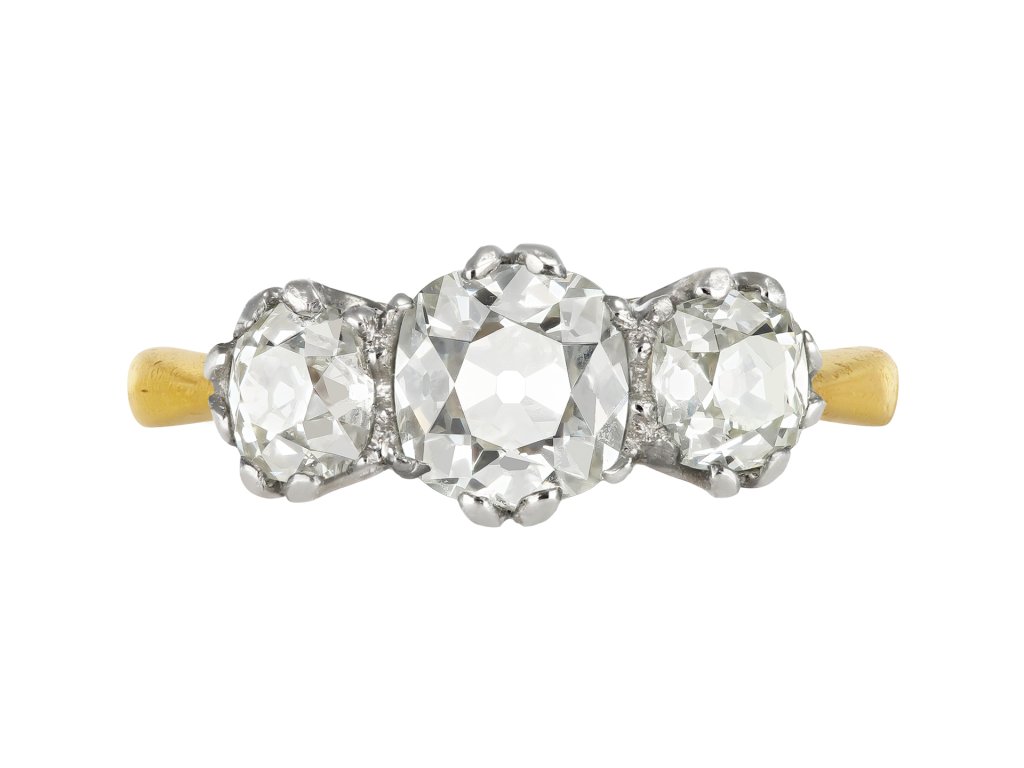 Diamond three stone ring, circa 1905. 