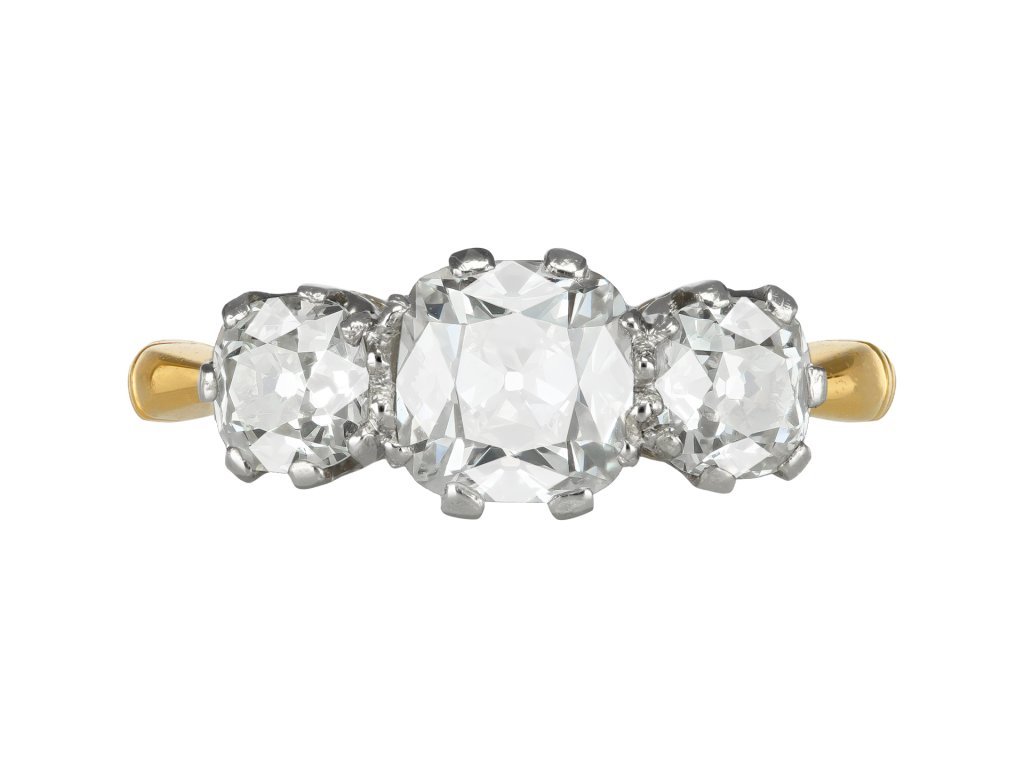 Old mine diamond three stone ring, circa 1910.