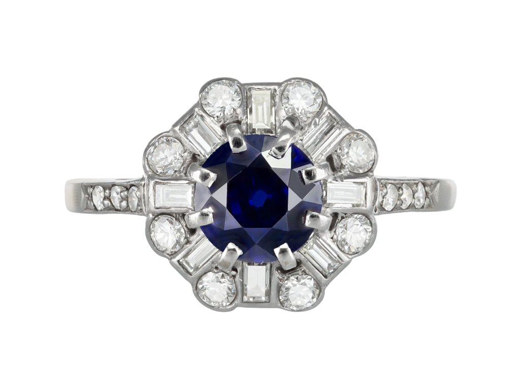 Sapphire and diamond cluster ring, circa 1950. 