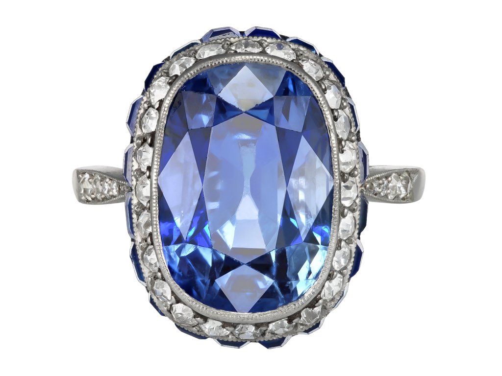 Ceylon sapphire and diamond coronet cluster ring, circa 1920.