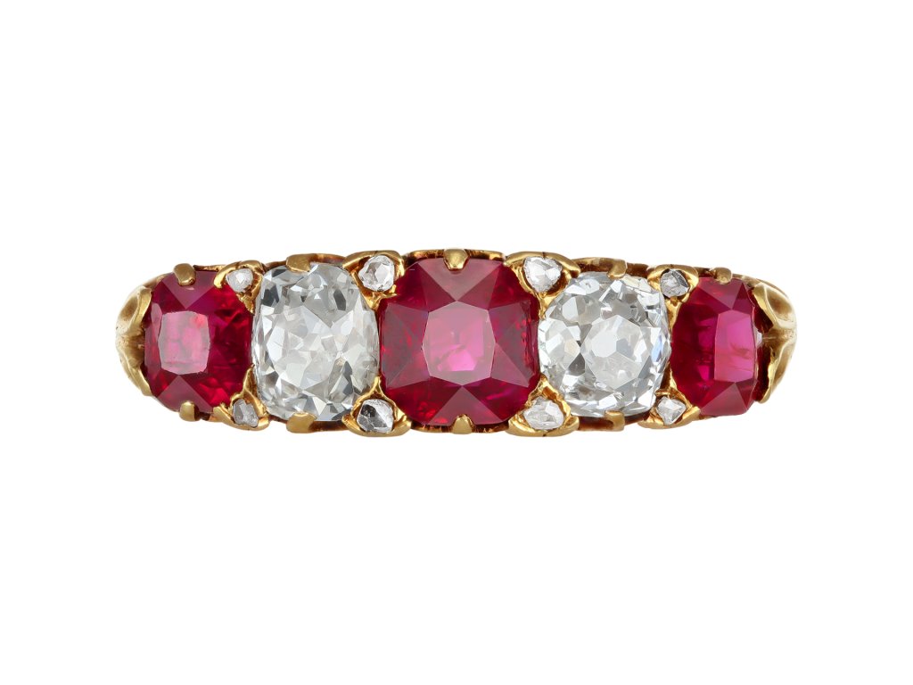 Burmese ruby and diamond five stone ring, circa 1890.