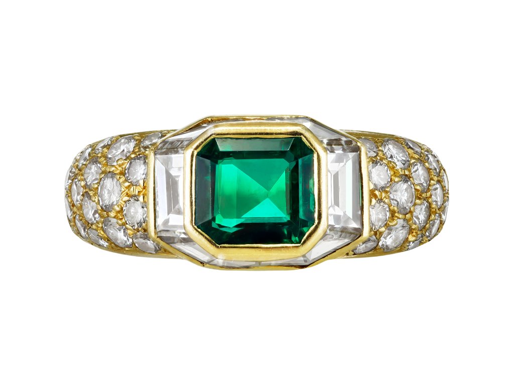 Boucheron emerald and diamond cluster ring, French, circa 1980.