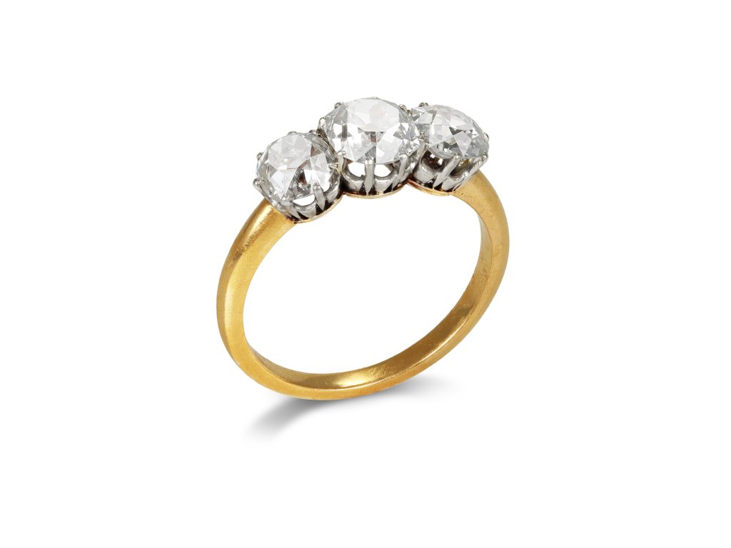 Old mine diamond three stone ring, circa 1915. 