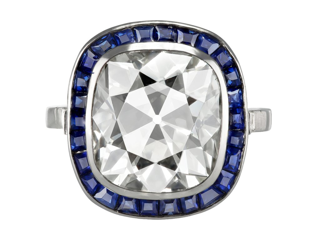8.46 carat Diamond and sapphire target ring, circa 1920.