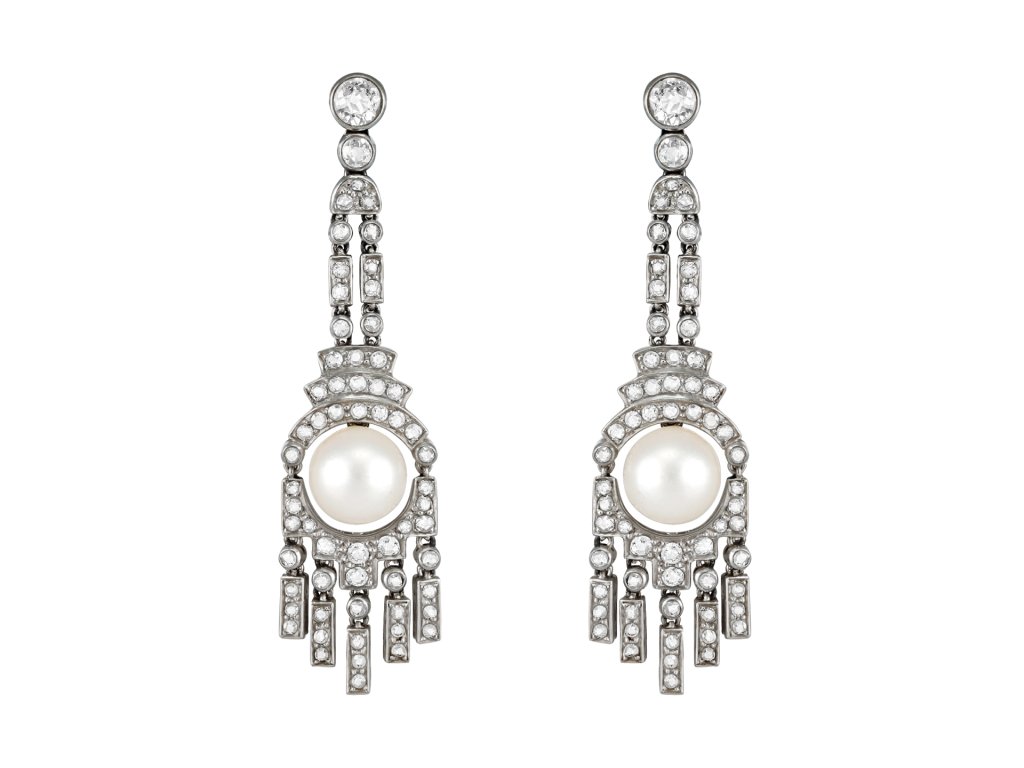 Art Deco Natural pearl and diamond drop earrings, circa 1925.