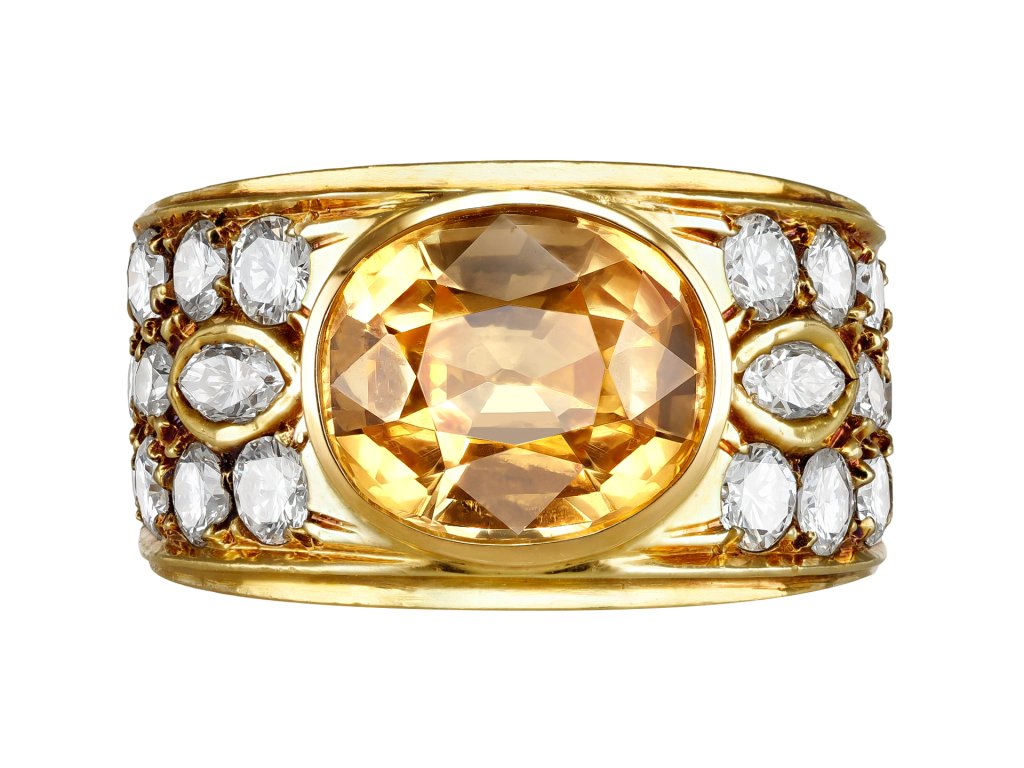 Yellow Ceylon sapphire and diamond cluster ring, Italian, circa 1970.