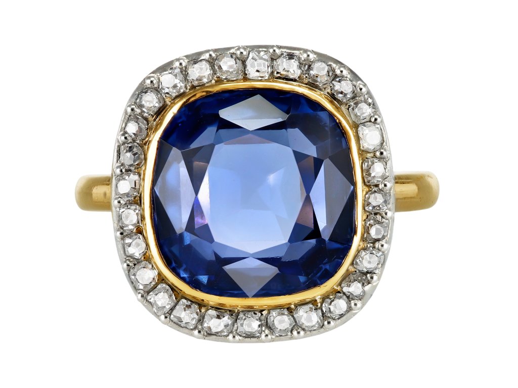 Ceylon sapphire and diamond coronet cluster ring, circa 1915.