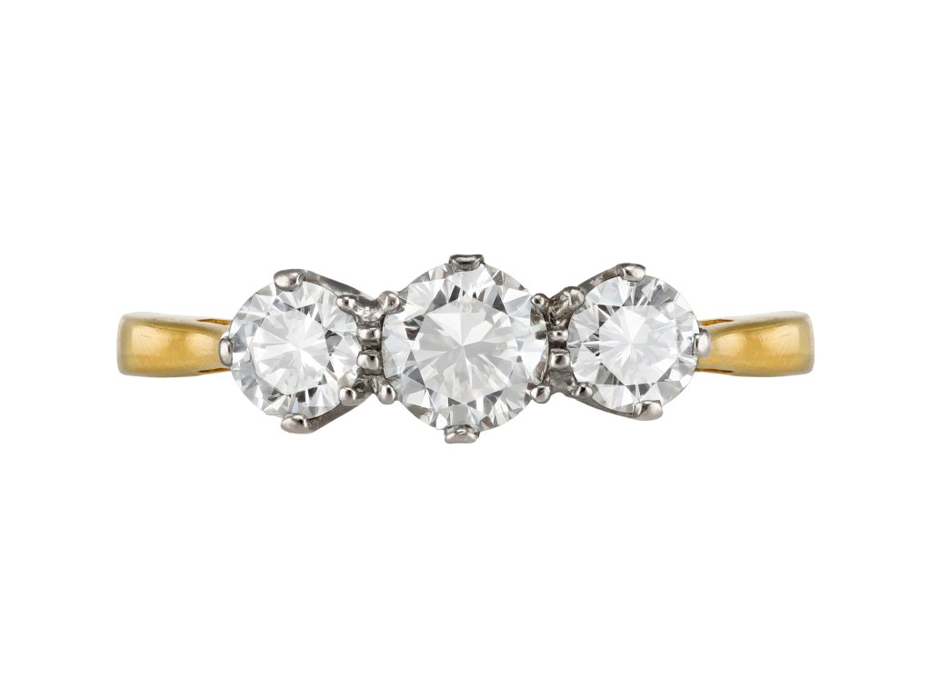 Diamond three stone ring, circa 1940. 