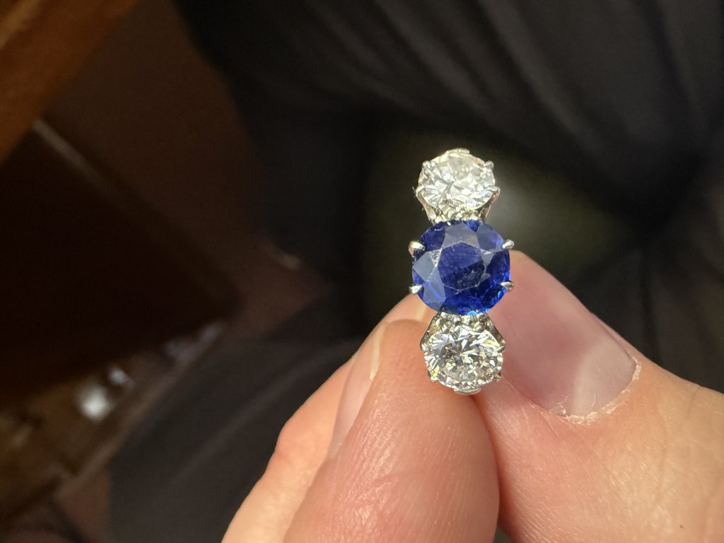 Sapphire and diamond three stone ring, circa 