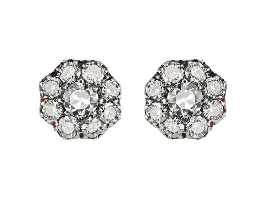 Diamond coronet cluster studs, circa 1890.