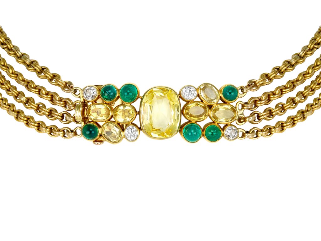 Suzanne Belperron Multi Strand yellow sapphire and emerald necklace, French, 1957. 