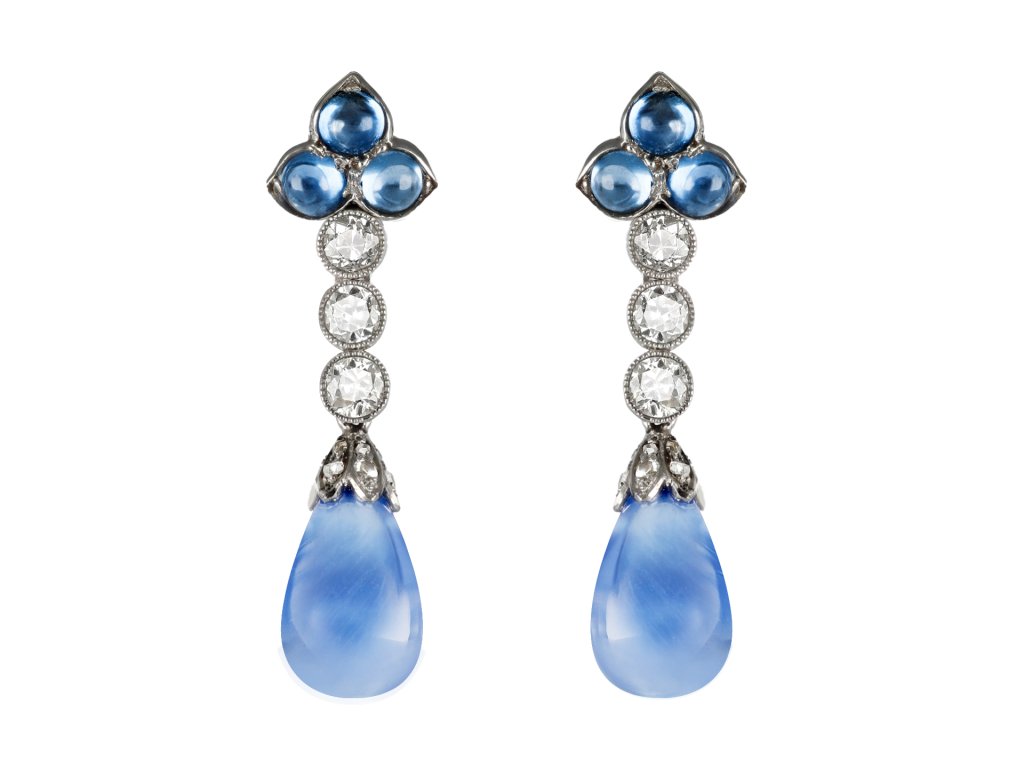 Sapphire and diamond drop earrings, circa 1915.