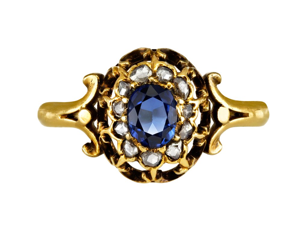 Sapphire and diamond coronet cluster ring, circa 1890.