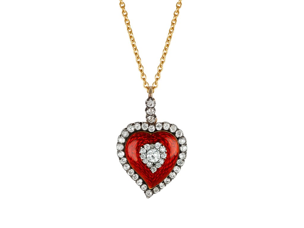 Guilloch&eacute; enamel and diamond heart pendant, circa 1880.