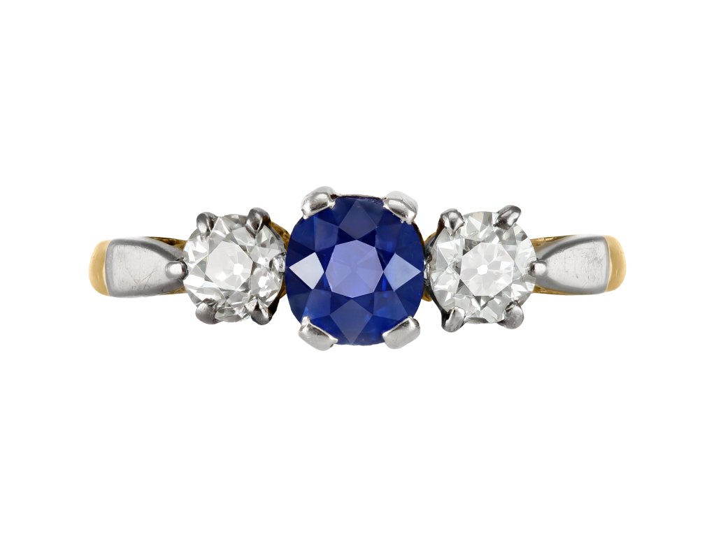 Sapphire and diamond three stone ring, circa 1915. 