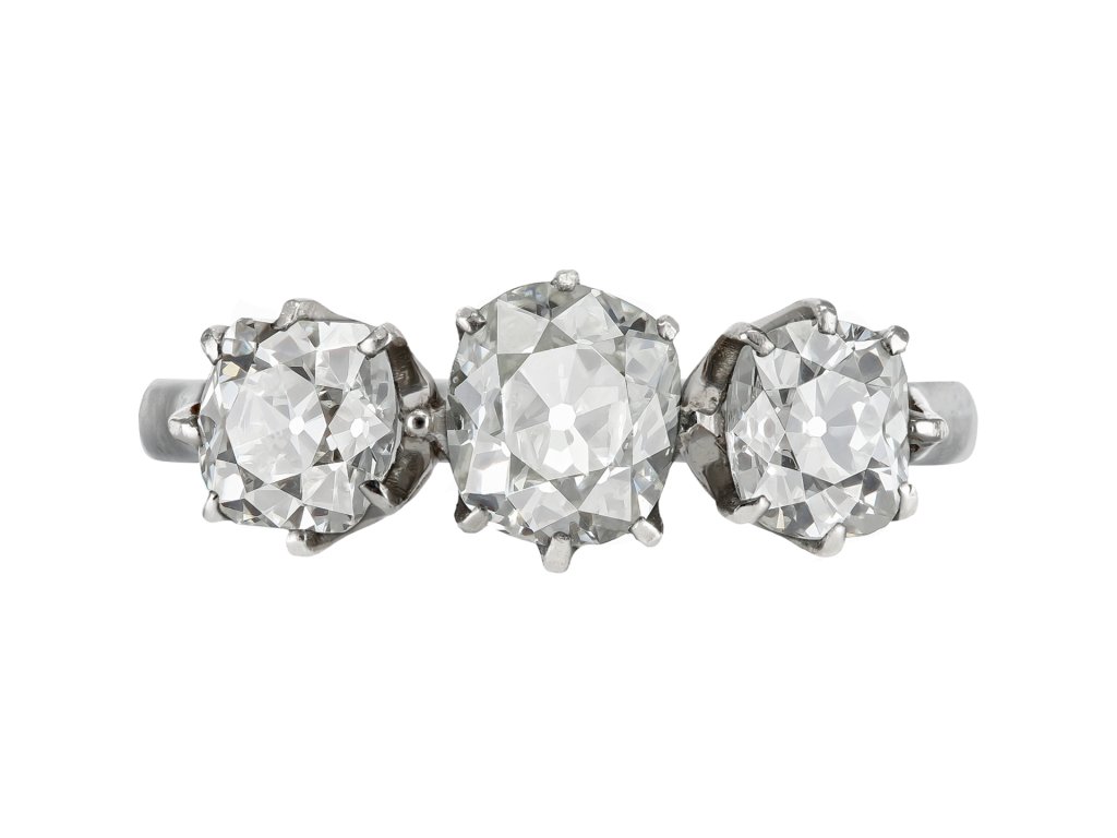 Old mine diamond three stone ring, early 20th Century. 