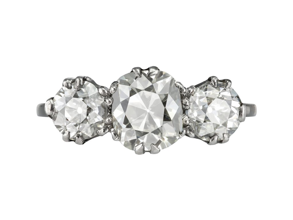 Old mine diamond three stone ring, early 20th Century.