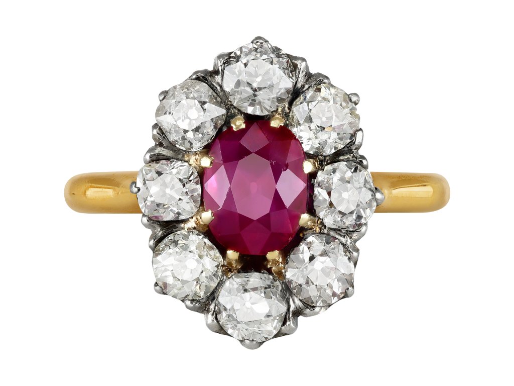 Burmese ruby and diamond coronet cluster ring, French, circa 1910.