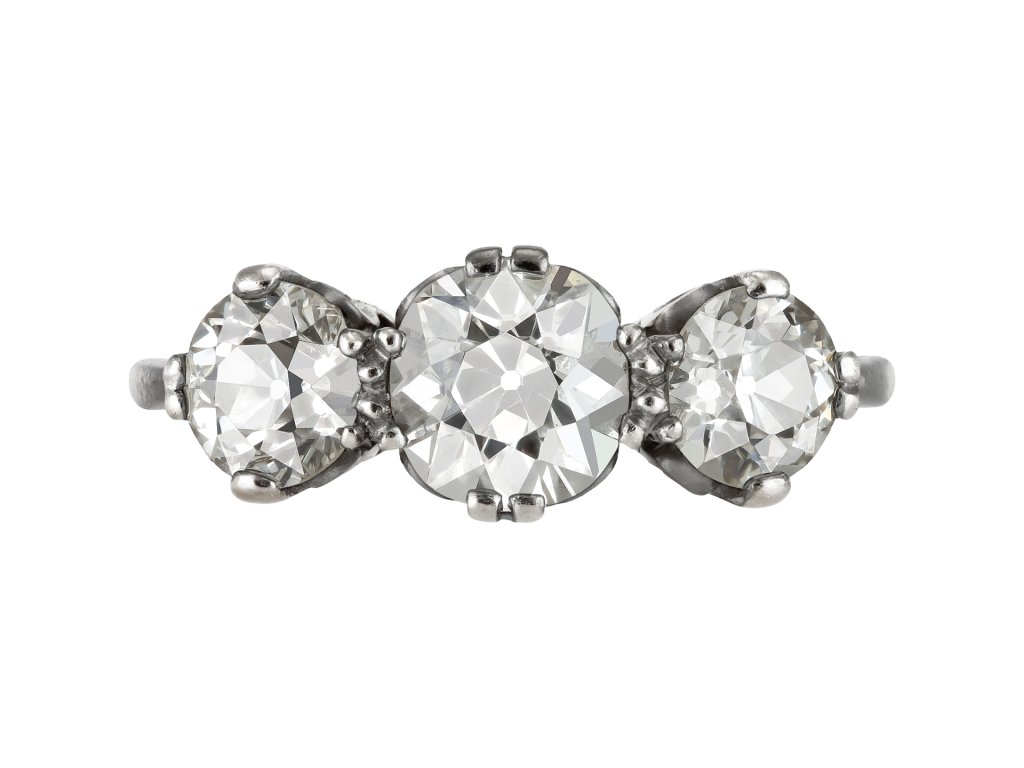 Diamond three stone ring, English, 1979.