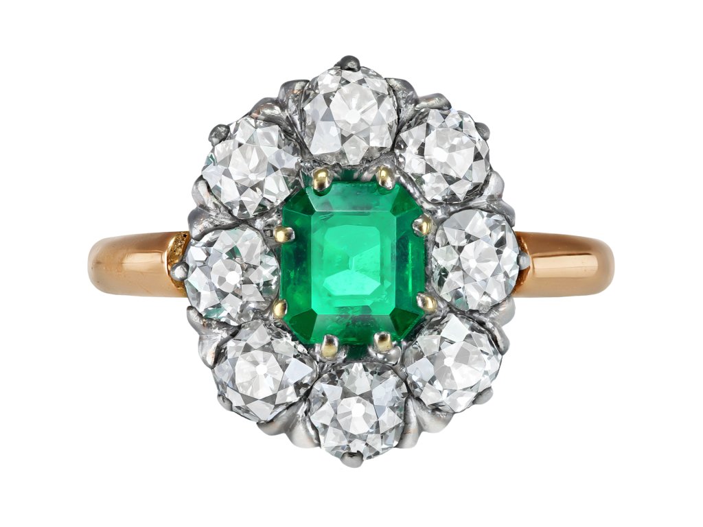 Colombian emerald and diamond coronet cluster ring, circa 1910.