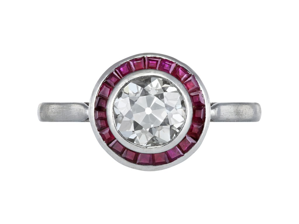 Diamond and ruby target ring, French, circa 1920.