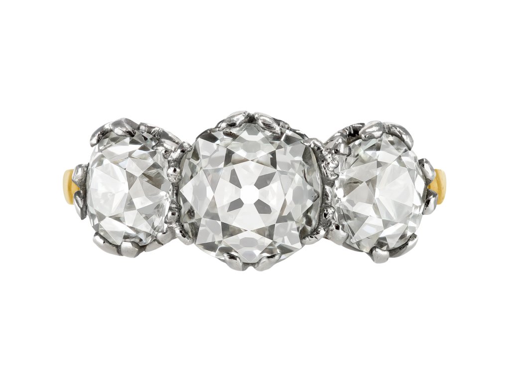 Old mine diamond three stone ring, early 20th Century.