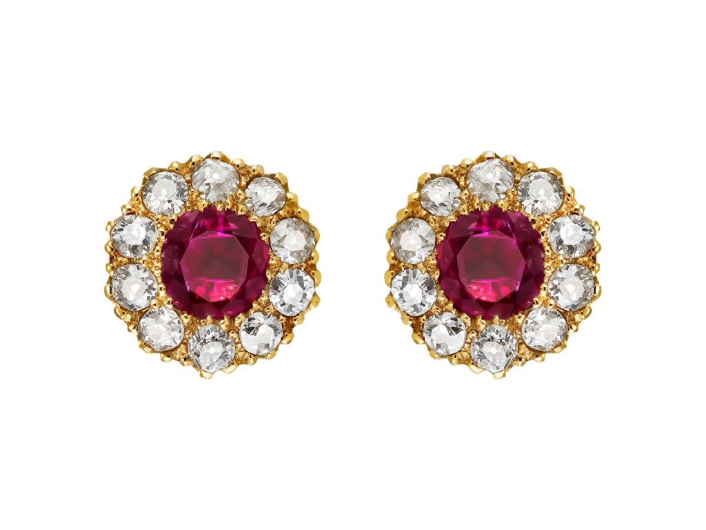 Burmese ruby and diamond earrings, late 19th Century.