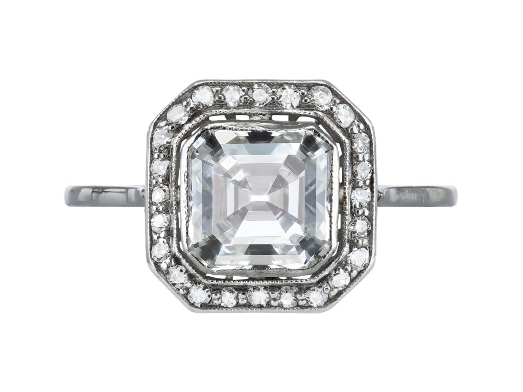 Art Deco asscher cut diamond target ring, circa 1920.