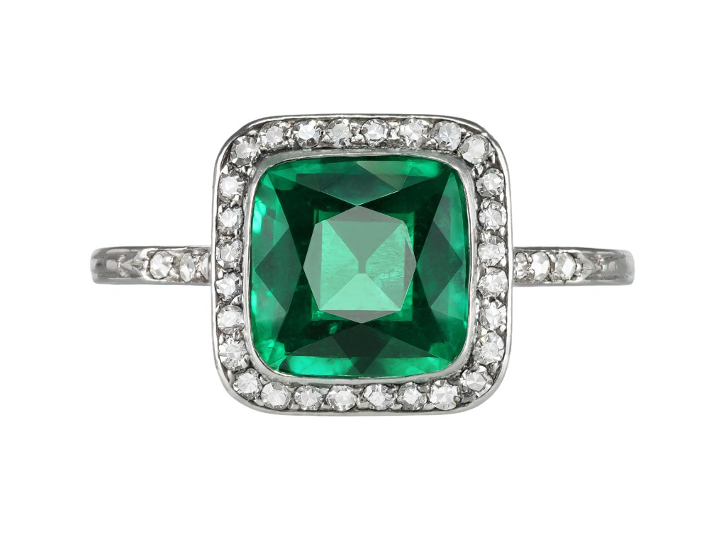 Colombian emerald and diamond coronet cluster ring, circa 1910.