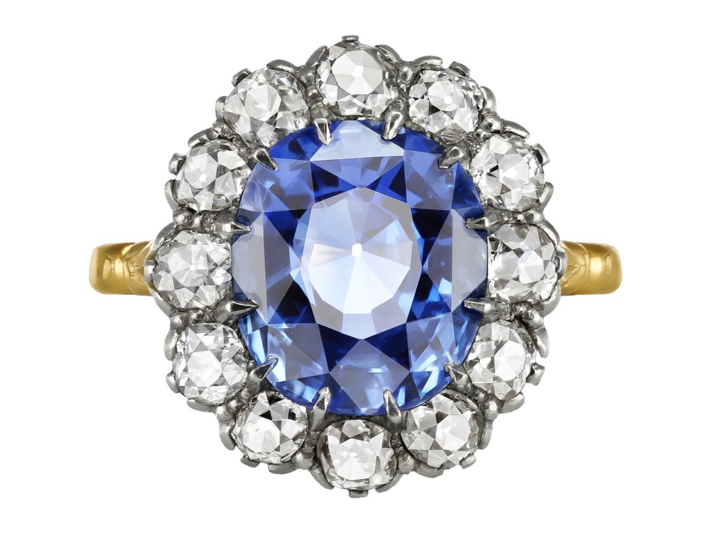 Sapphire and diamond coronet cluster ring, early 20th Century.