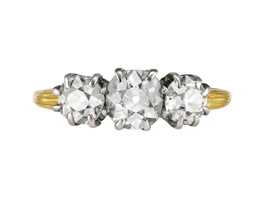 Old mine diamond three stone ring, early 20th Century.