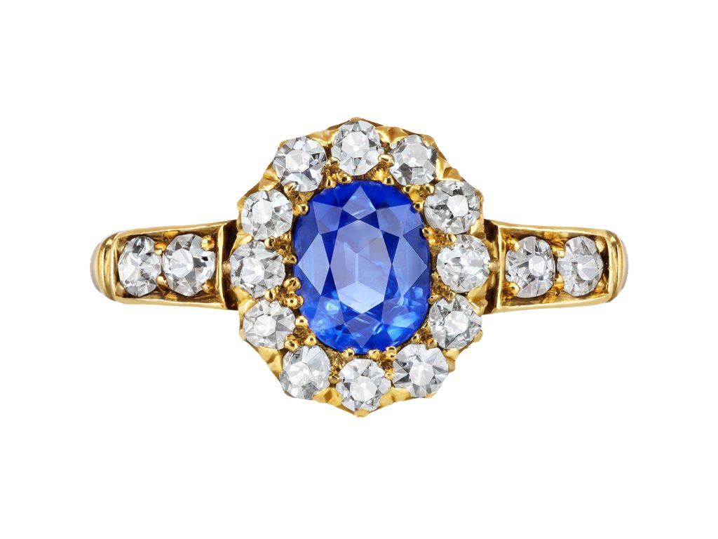 Sapphire and diamond coronet cluster ring, English, 1903.