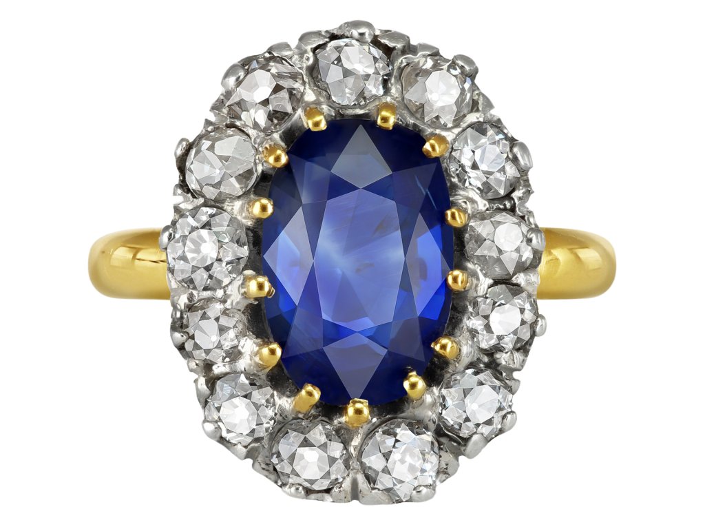 Sapphire and diamond coronet cluster ring, French, early 20th Century.