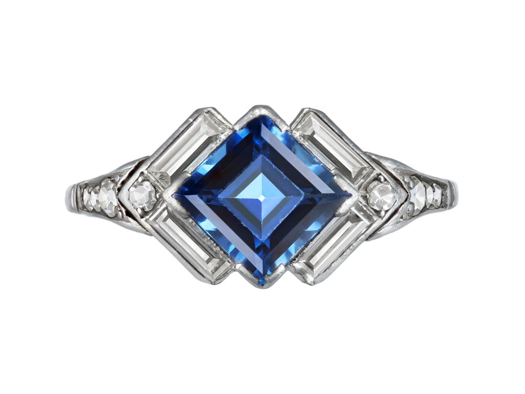 Art Deco sapphire and diamond flanked solitaire ring, circa 1930. 